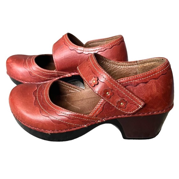 Dansko Shoes - Dansko MaryJane  Red / Brown Leather size US 5.5 / 6 EU 36 Floral Strap Shoes